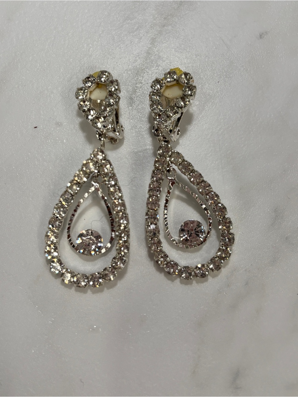 silver-tone costume teardrop earrings adorned with clear rhinestones-prom dressy